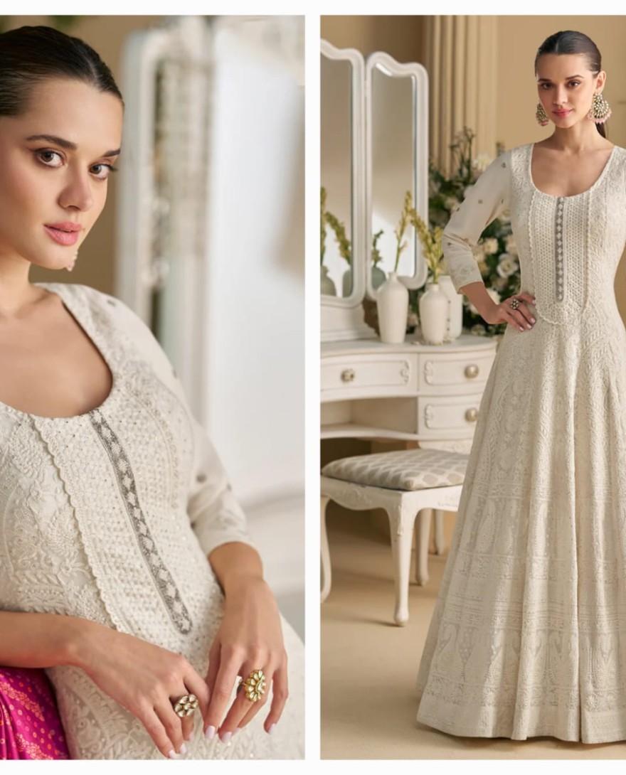 WHITE - White Chikankari Embroidered Wedding Festive Anarkali Gown